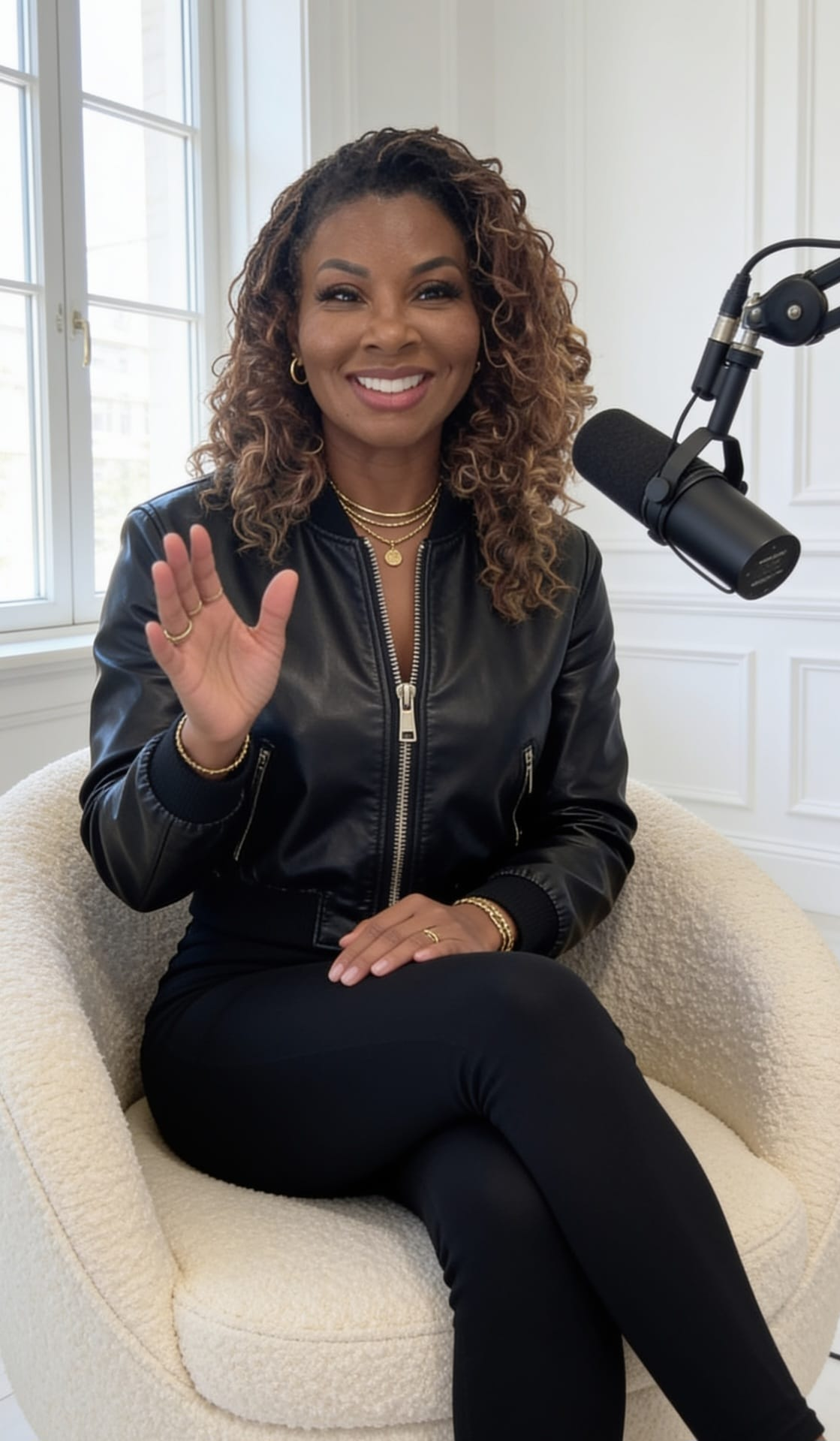 Dr. Sonya Dunbar waving in her podcast studio